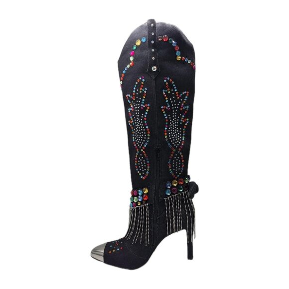 Gianni Bini Women's Boots Size 7 Kaitlin Rhinestone Fringe Denim Cowboy Black - Picture 4 of 14